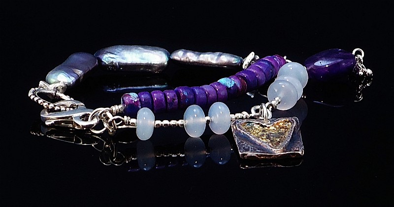 Sterling Silver, Natural Purple Turquoise, Handmade Fine Silver Charm with 24K Gold Overlay, Chalcedony and Grey Tablet Pearl Hand Knotted Silk Bracelet with Natural Amethyst Dangle 2.JPG