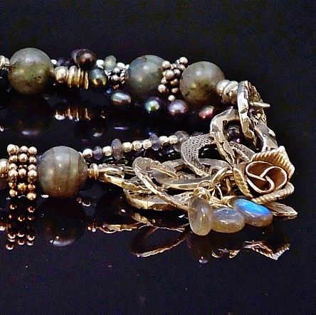Sterling Silver, Balinese Handmade Beads & Charms, Labradorite, Tanzanite and Freshwater Pearl Hand Knotted Bracelet With Handmade Fine Silver Chain Accent 2.JPG