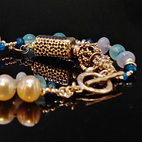 Sterling Silver, Brazilian Tourmaline, Balinese Handmade Beads, Chalcedony, Aquamarine, Iolite & AA Natural Freshwater Pearl Hand Knotted Silk Bracelet 4.JPG