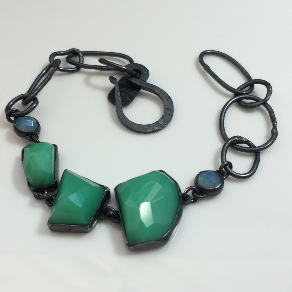 Chrysoprase & Chalcedony Bracelet on Black Silver.jpg