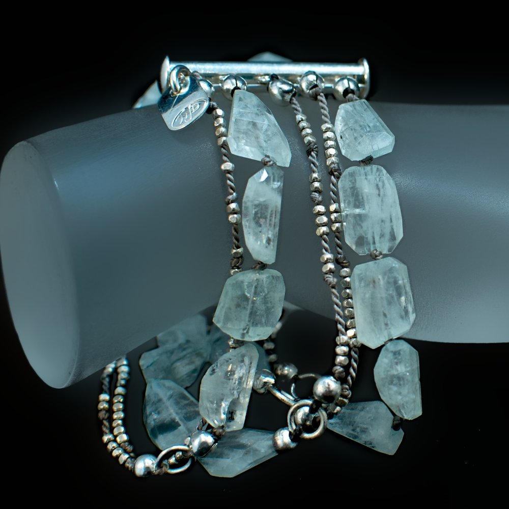 Aquamarine Nugget and Tiny Sterling Bead Multi Strand Bracelet
