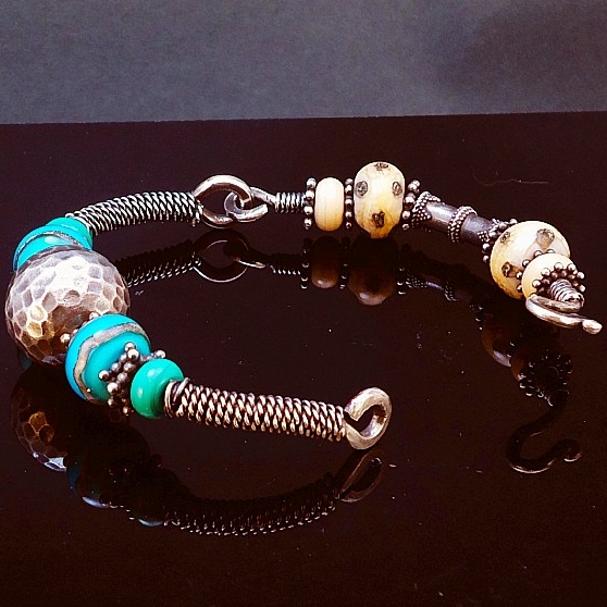 Sterling Silver, Handmade Lampwork Bead & Handmade Balinese Bead Hinged 2-Way Bracelet 3.JPG